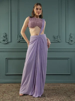 Soft Purple Pre-Draped Georgette Saree with Hand Embellished Blouse