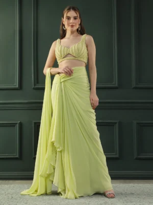 Lime Green Pre-Draped Georgette Saree with Hand Embellished Blouse