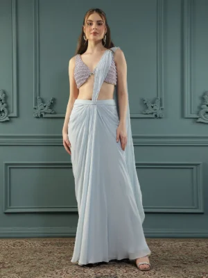 Powder Blue Pre-Draped Georgette Saree with Hand Embellished Pearl Blouse