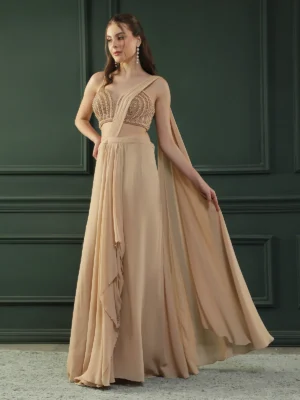 Tan Brown Pre-Draped Georgette Saree with Hand Embellished Pearl Blouse