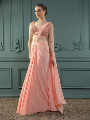 Peach Pre-Draped Georgette Saree with Hand Embellished Pearl Blouse
