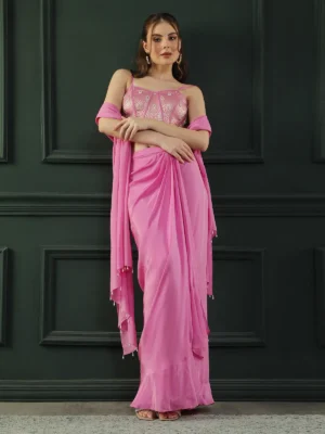 Fuchsia Pink Crepe Drape Skirt Set with Brocade Corset and Dupatta
