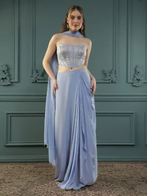 Lilac Drape Skirt Set with Brocade Corset and Latkan Dupatta