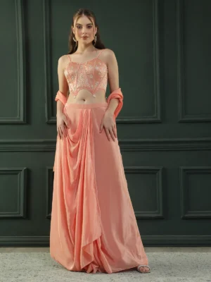 Peach Drape Skirt Set with Brocade Corset and Latkan Dupatta
