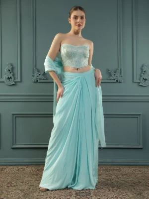 Ice Blue Drape Skirt Set with Brocade Corset and Latkan Dupatta