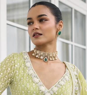 Ayira Emerald Moissanite Matte Gold Necklace Set