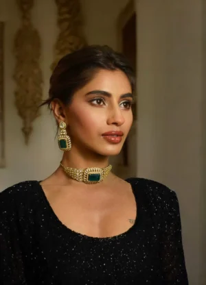 Meher Elan Emerald Polki Choker Necklace Set