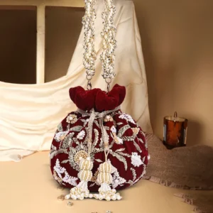 Adah Crimson Hand-Embroidered Zardozi & Pearl Velvet Potli Bag – Maroon