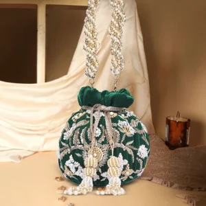 Adah Emerald Hand-Embroidered Zardozi & Pearl Velvet Potli Bag – Green