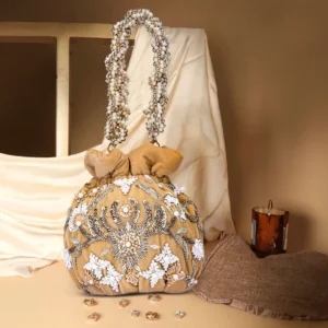 Adah Umber Hand-Embroidered Zardozi & Pearl Velvet Potli Bag – Beige