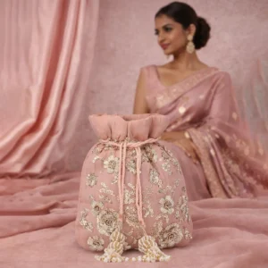 Maharani Blush Hand-Embroidered Zari Silk Potli Bag – Pink