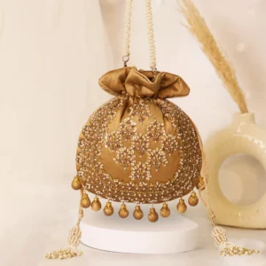 Embroidered Silk Potli Bag with Pearl Tassels – Brown