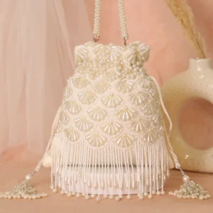 Chahat Hand-Embroidered Pearl Silk Potli Bag – White