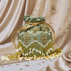 Chand Mughal-Inspired Hand-Embroidered Silk Potli Bag – Sage Green