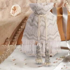 Khaab Hand-Embroidered Pearl & Cutdana Silk Potli Bag – White