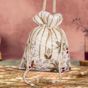 Gulaab Hand-Embroidered Cutdana & Pearl Silk Potli Bag – Off White