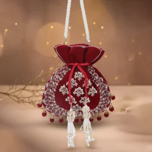 Embroidered Velvet Potli Bag with Pearl Tassels – Maroon