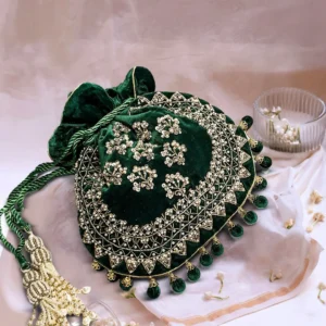 Embroidered Velvet Potli Bag with Pearl Tassels – Green