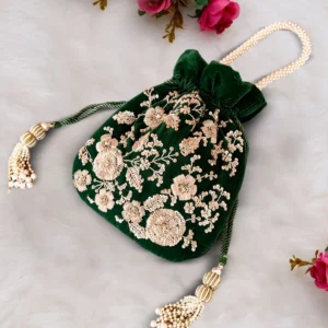 Maharani Hand-Embroidered Velvet Potli Bag with Zari Floral Work – Green
