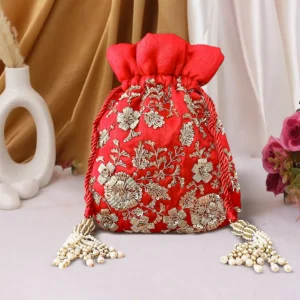 Royal Maharani Hand-Embroidered Zari Silk Potli Bag – Red