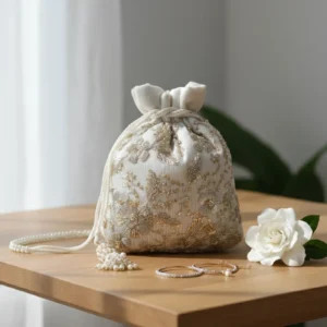 Maharani Hand-Embroidered Zari Silk Potli Bag – White