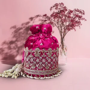 Gulab Hand-Embroidered Velvet Potli Bag with Pearl Detailing – Pink