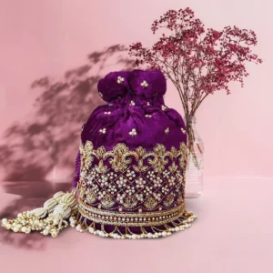Gulab Hand-Embroidered Velvet Potli Bag with Pearl Detailing – Purple