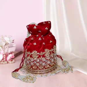 Gulab Hand-Embroidered Velvet Potli Bag with Pearl Detailing – Red