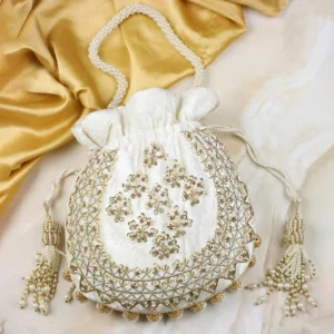 Embroidered Velvet Potli Bag with Pearl Tassels – Off White
