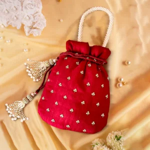 Embroidered Pearl & Zari Silk Potli Bag – Red
