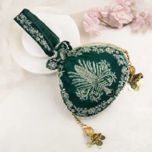 Raas Zardozi Hand-Embroidered Velvet Potli Bag with Coin Tassels – Green