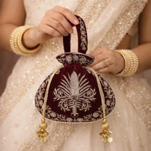 Raas Zardozi Hand-Embroidered Velvet Potli Bag with Coin Tassels – Maroon