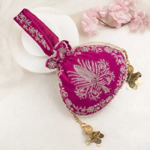 Raas Zardozi Hand-Embroidered Velvet Potli Bag with Coin Tassels – Pink