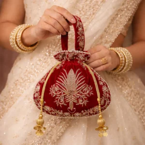 Raas Zardozi Hand-Embroidered Velvet Potli Bag with Coin Tassels – Red