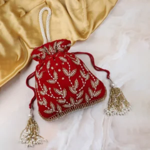 Sahibaa Hand-Embroidered Pearl & Cutdana Velvet Potli Bag – Red