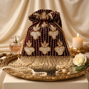 Zehra Hand-Embroidered Pearl & Gold Bead Velvet Potli Bag – Maroon