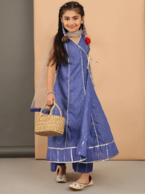 Girls Indigo Blue Angrakha Kurta Set with Dupatta Foil Stripe Detail