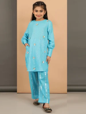 Girls Sky Blue Straight Kurta Set with Foil Stripe Detail and Pants