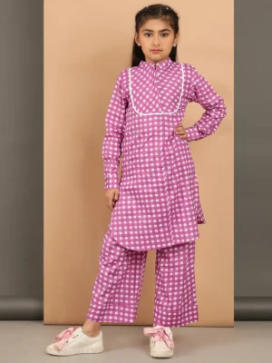Girls Pink White Checkered Kurta Set with Mandarin Collar and Pants