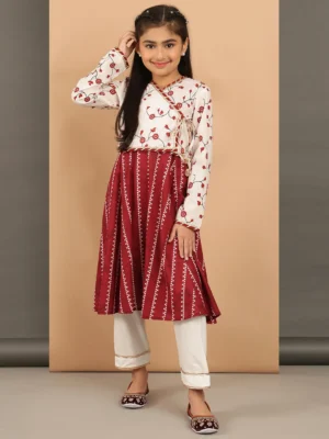Girls Cream Red Floral Angrakha Kurta Set with Skirt and Pants