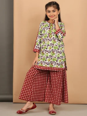 Girls White Floral Printed Kurta Sharara Set with Red Checkered Sharara