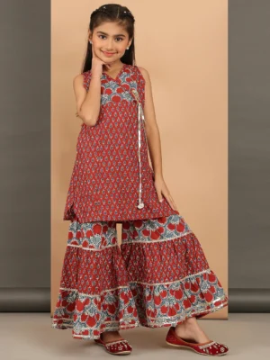 Girls Red Printed Angrakha Kurta Sharara Set with Flared Ethnic Pants