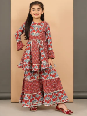 Girls Red Printed Kurta Sharara Set with Flared Ethnic Pants for Festive