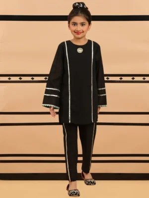 Girls Black Kurta Set with Sheer Sleeves and Matching Pants Ethnic Wear