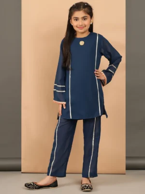 Girls Navy Blue Straight Kurta Set with Matching Pants Elegant Ethnic Wear