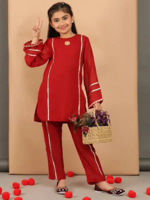 Girls Red Straight Kurta Set with Matching Pants for Festive Ethnic Wear