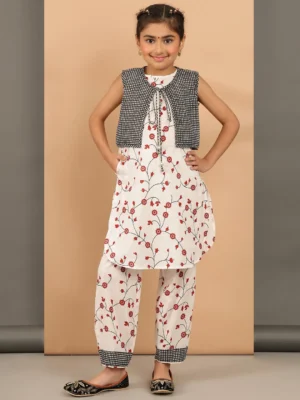 Girls White Black Floral Kurta Set with Contrast Jacket and Pants