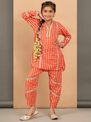 Girls Orange White Checkered Kurta Set with Lace Detail and Pants