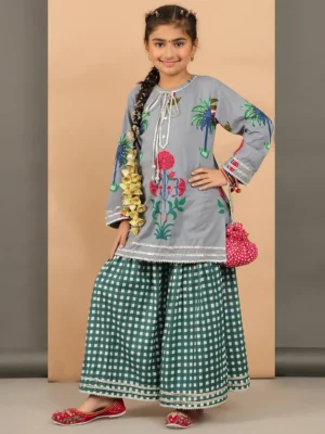 Girls Grey Floral Kurta Sharara Set with Green Checkered Flared Pants