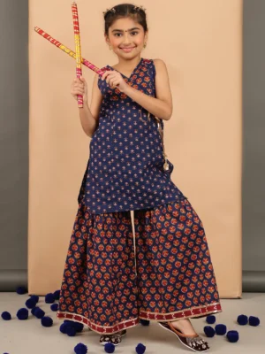 Girls Navy Blue Floral Printed Angrakha Kurta Sharara Set with Tassels